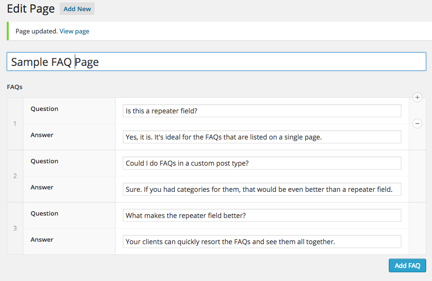 screenshot of a repeater field in the WordPress dashboard
